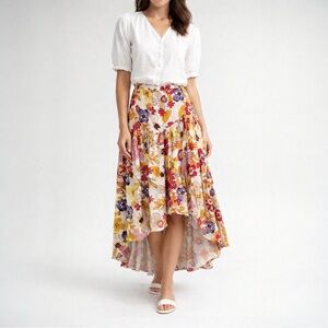 CYNTHIA ROWLEY Multicolor Floral Print Hi-Low Wrap Skirt Elastic Waist Size L